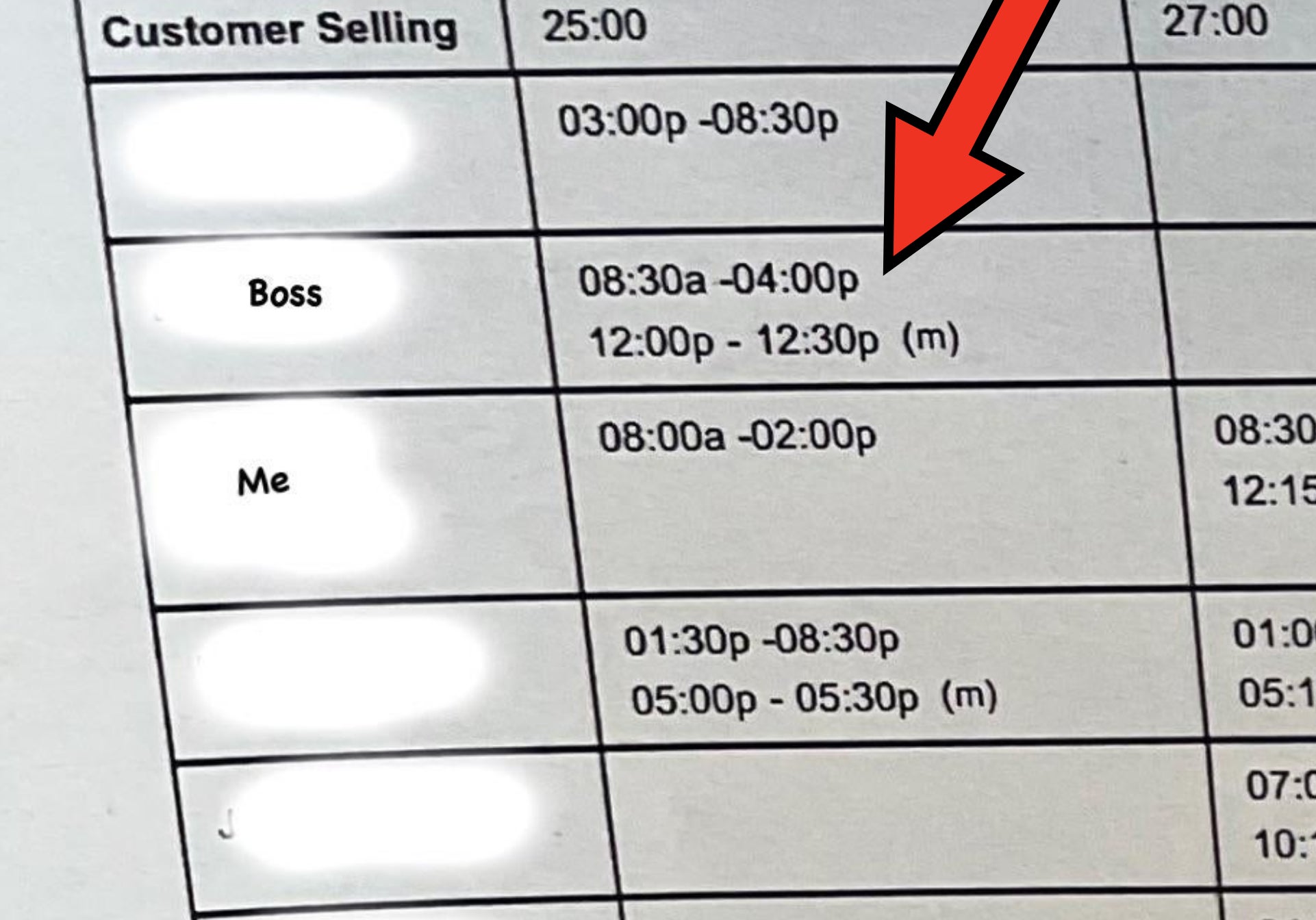 The schedule shows the employee is required to be there at 8 a.m. but the boss doesn&#x27;t arrive to unlock the store until 8:30