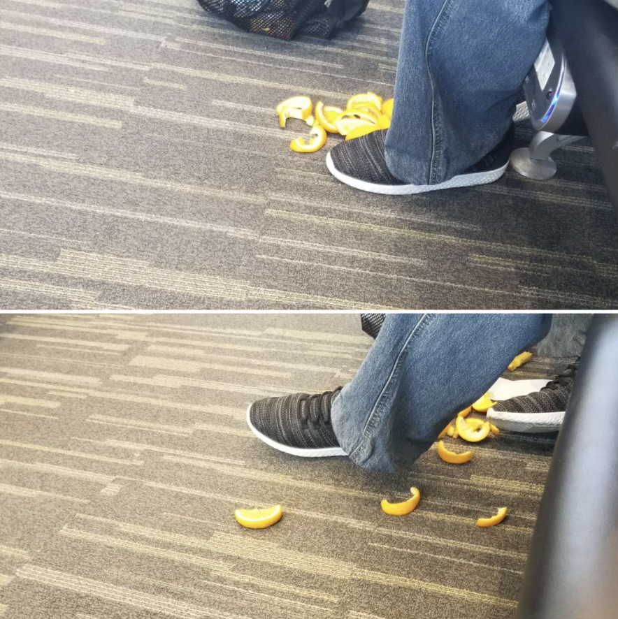 Someone sits in a seat in the airport with a growing pile of orange peel slices under their feet