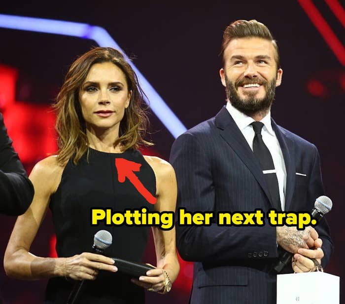 Victoria standing next to David with a caption pointing at her that says &quot;Plotting her next trap&quot;