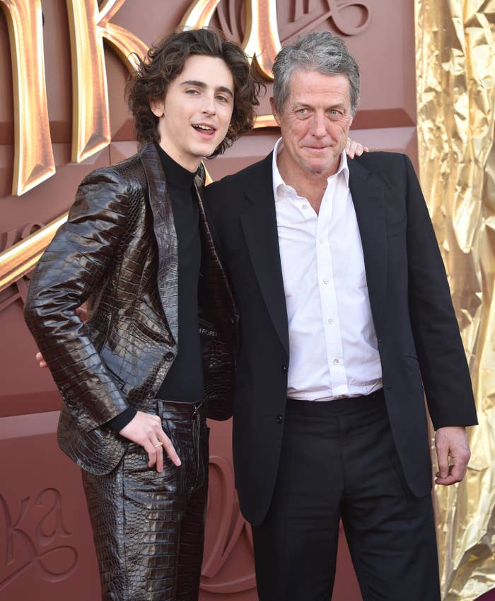 hugh and timothee chalamet at the premiere