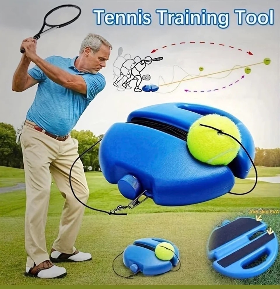 the package for a tennis training tool that has photoshopped a golfer with a tennis racket