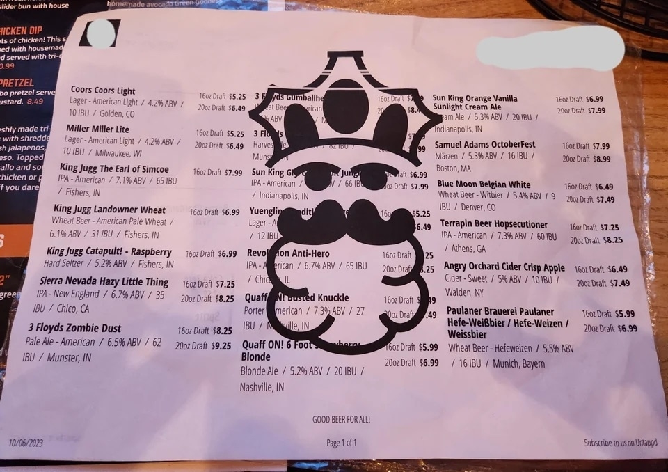 a bar menu with a large graphic covering up a third of the menu items