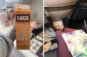 L: flavacol popcorn seasoning R: in-flight foot hammock