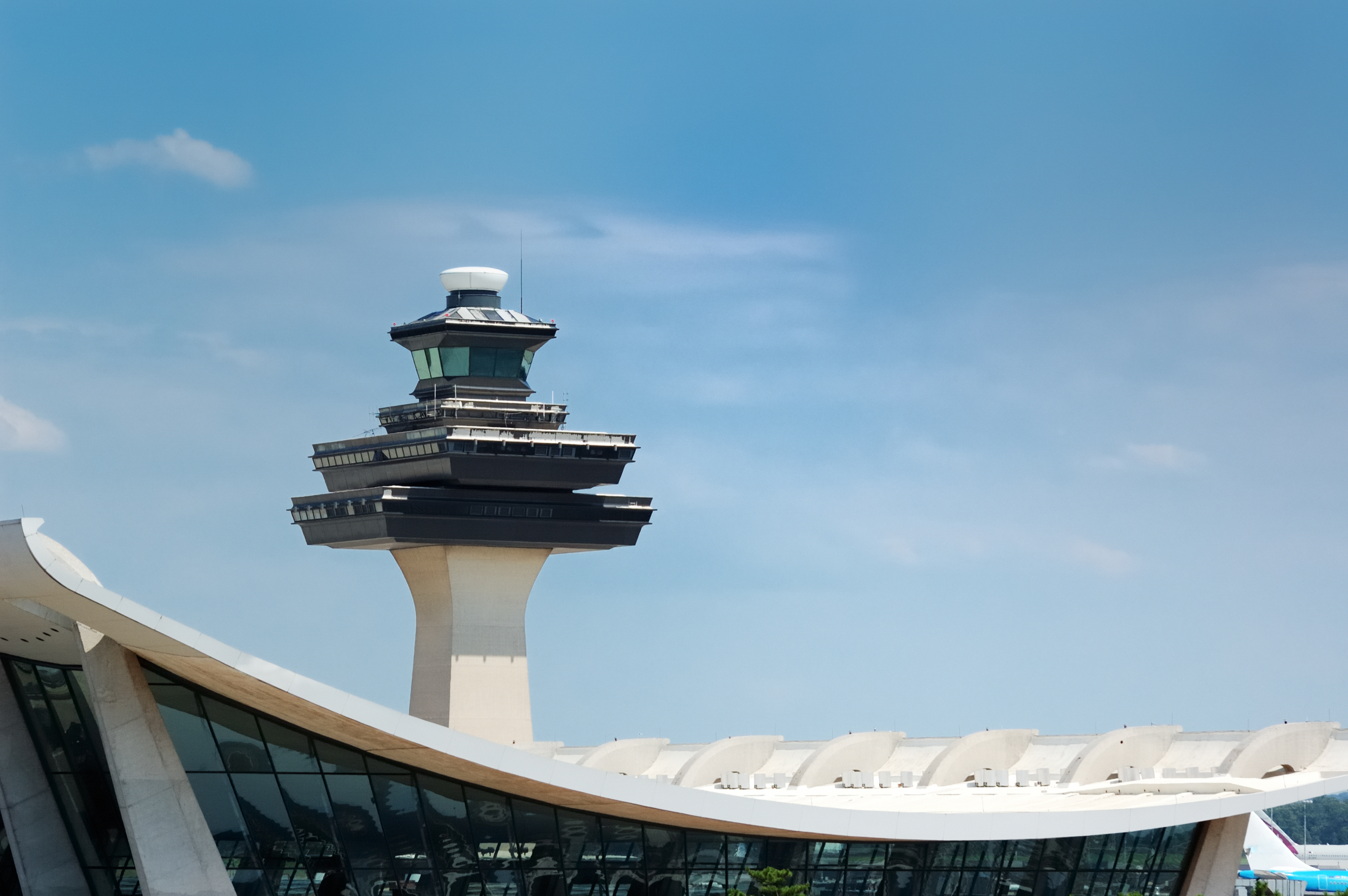 Dulles airport in Virginia, featuring the terminal and tower