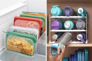 on left: colorful food storage bags in fridge bin. on right: model takes water bottle from water bottle organizer in cabinet