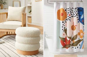 on left: white boucle ottoman. on right: floral-print shower curtain