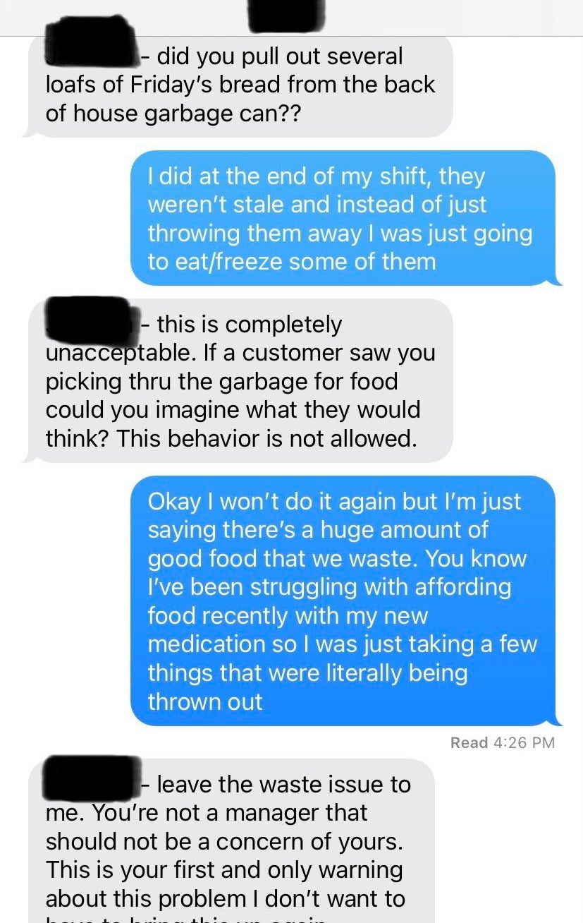 A boss asks if their employee took food home instead of throwing it away, the employee says yes since it was being trashed, and the boss says this is their only warning and to never do that again