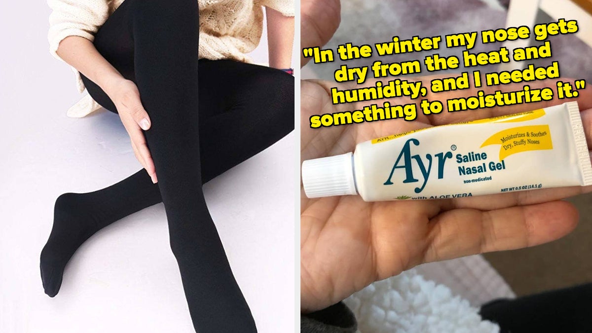 L: black fleece-lined tights R: reviewer quote on image of saline nasal gel "In the winter my nose gets dry from the heat and humidity, and I needed something to moisturize it"