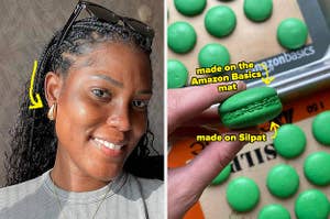 a reviewer in gold earrings / comparison between cookies on amazon basics and silpat mats