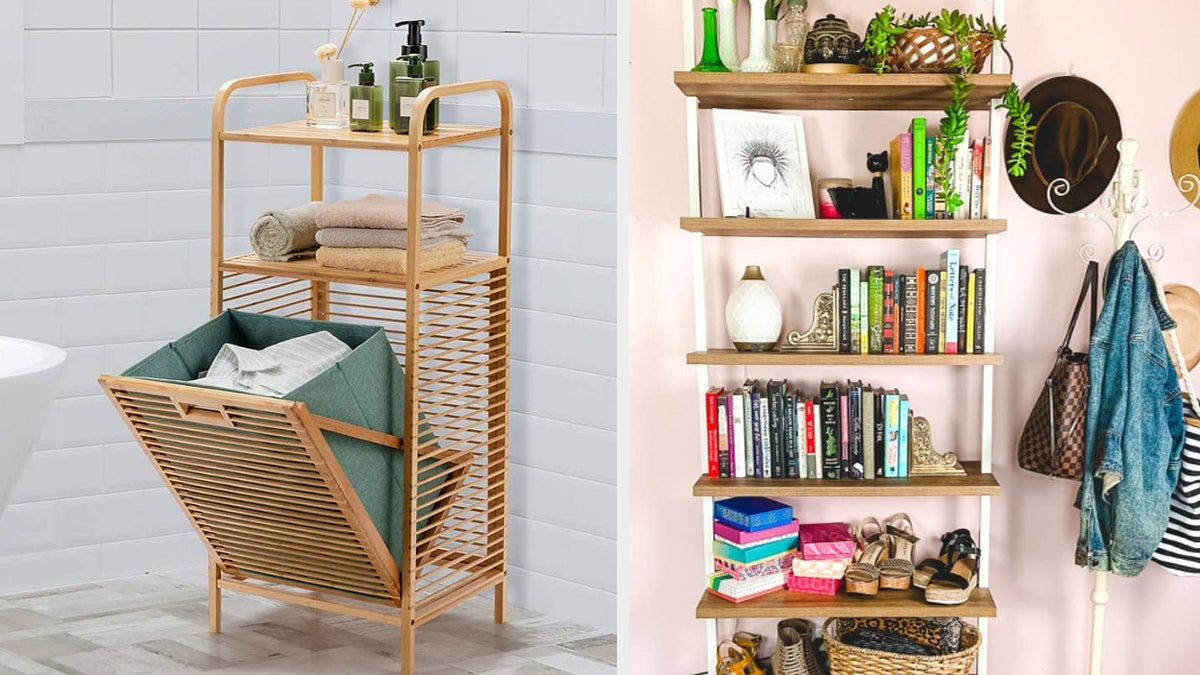 the bamboo storage shelf with open hamper compartment / reviewer's narrow bookshlelf
