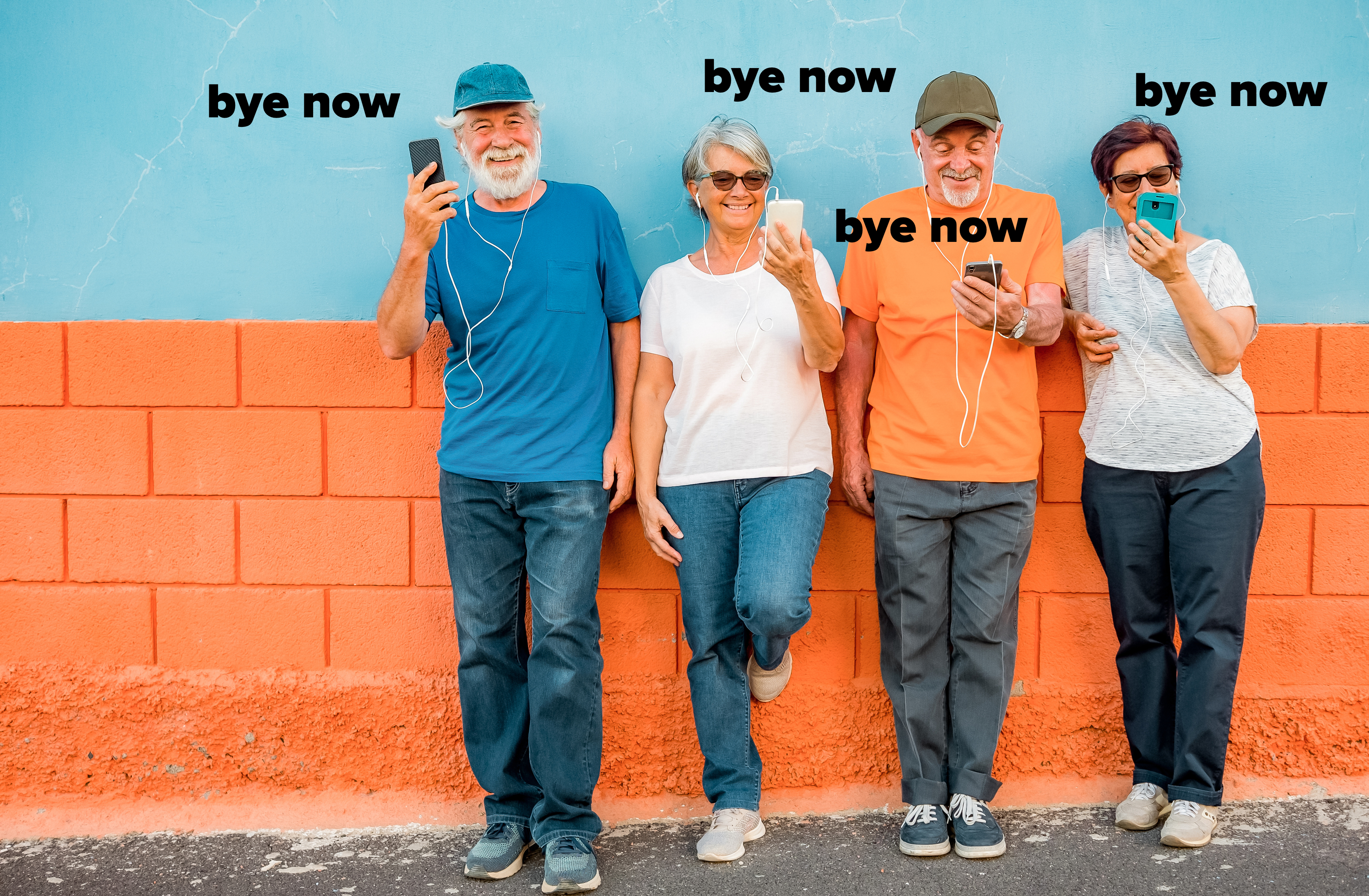 A bunch of old people holding phones and saying &quot;bye now&quot;