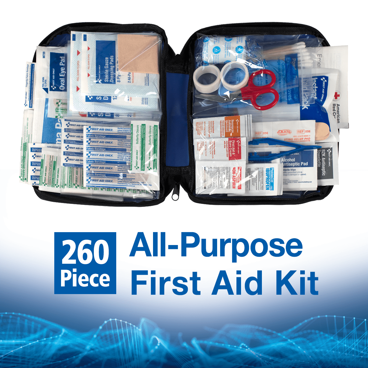 the first aid kit with a black travel pouch and travel-size medicines and essentials