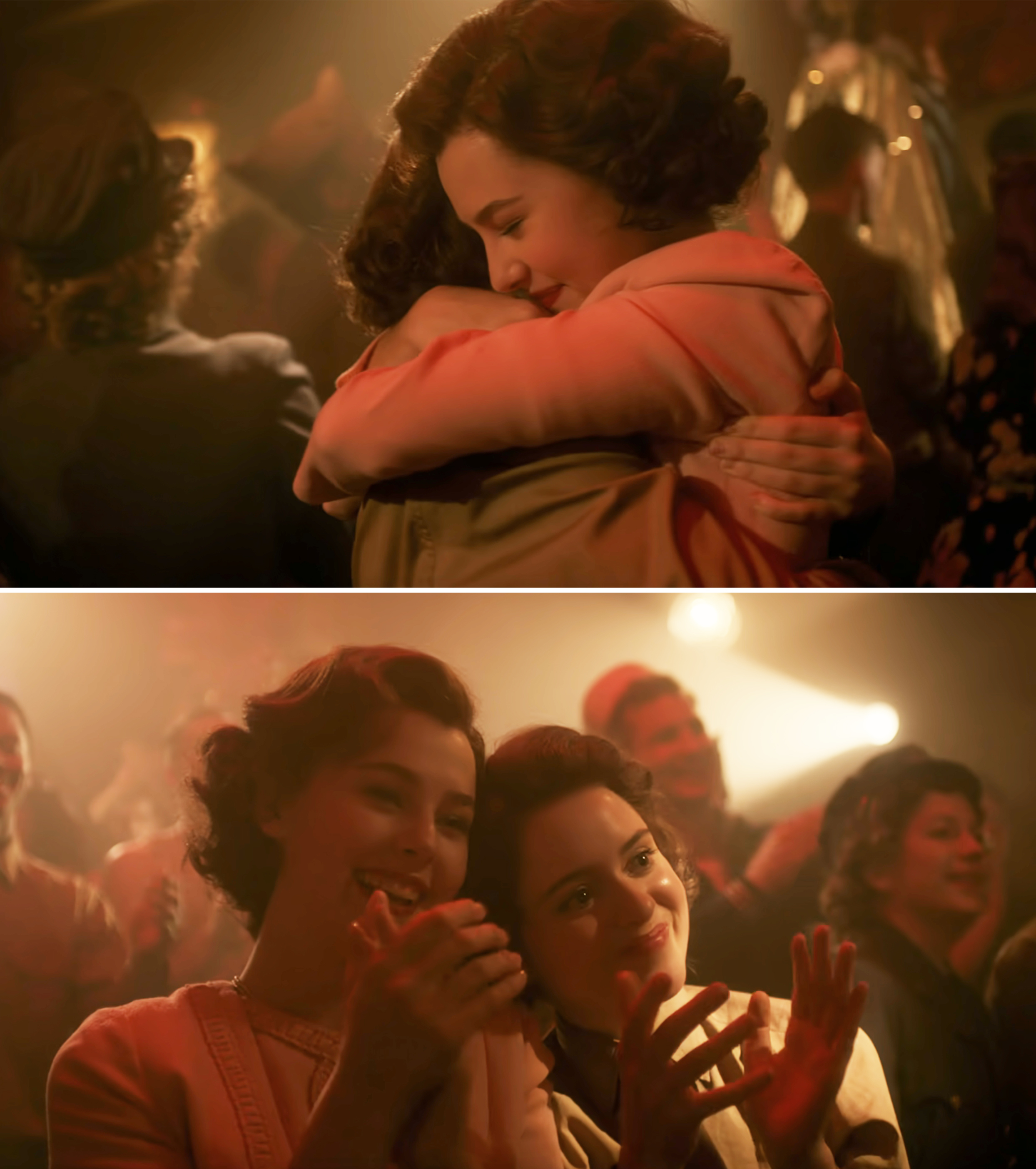 A young Margaret and Elizabeth hugging and then applauding in a crowd