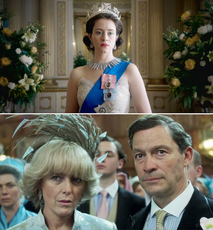 Close-ups of a young Elizabeth and Camilla and Charles in the show
