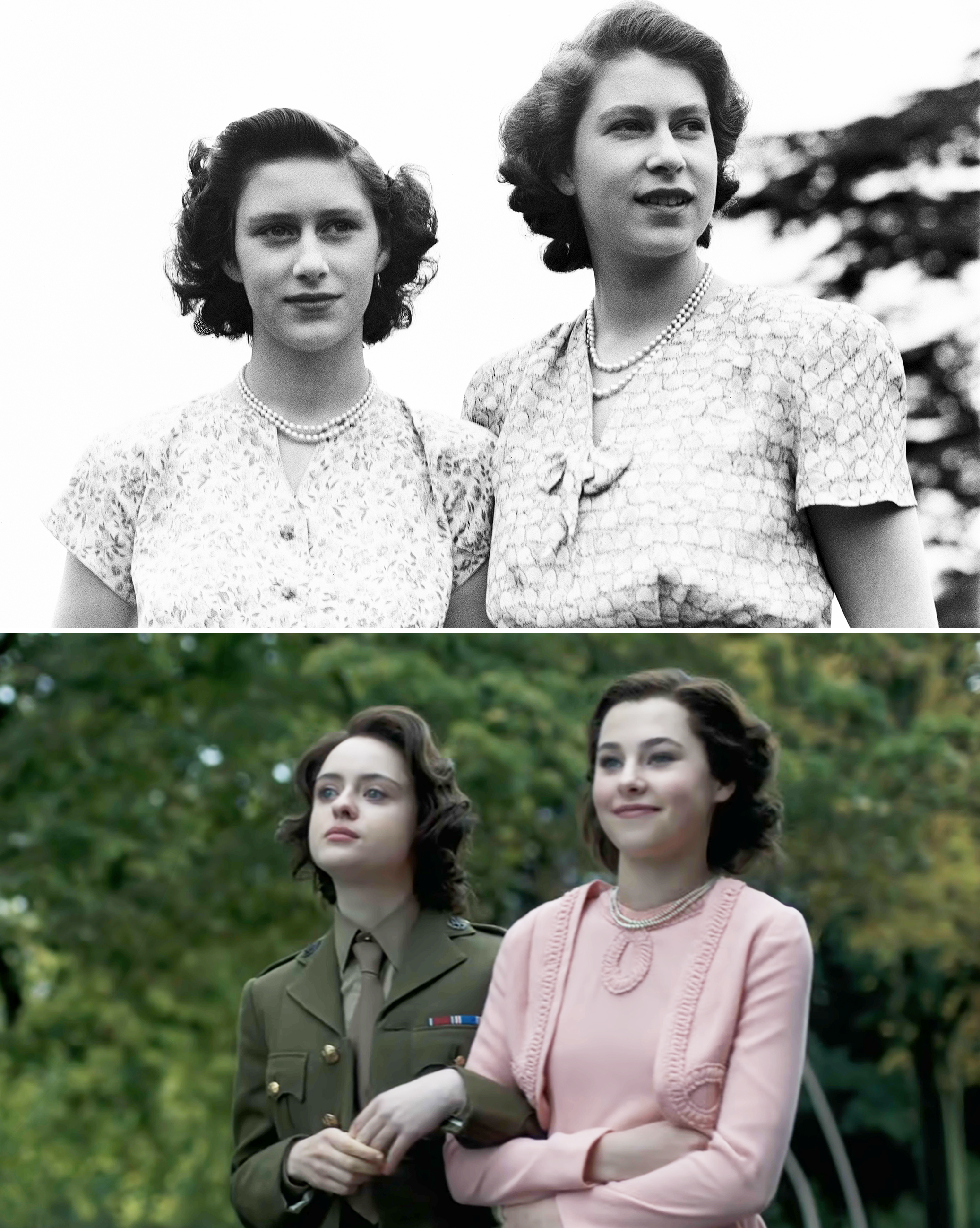 The real Margaret and Elizabeth wearing short-sleeved dresses and their Crown versions are in arm and wearing a military uniform (Elizabeth) and a blouse and cardigan (Margaret)
