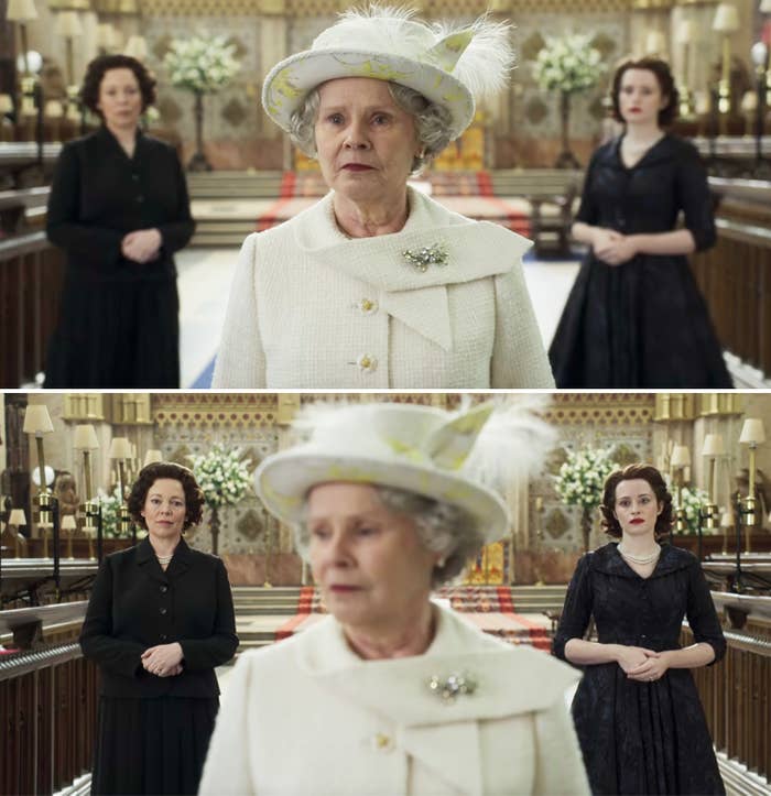 Imelda Staunton as Queen Elizabeth with Olivia and Claire&#x27;s versions behind her