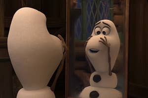 Olaf looking in the mirror at his own missing nose.