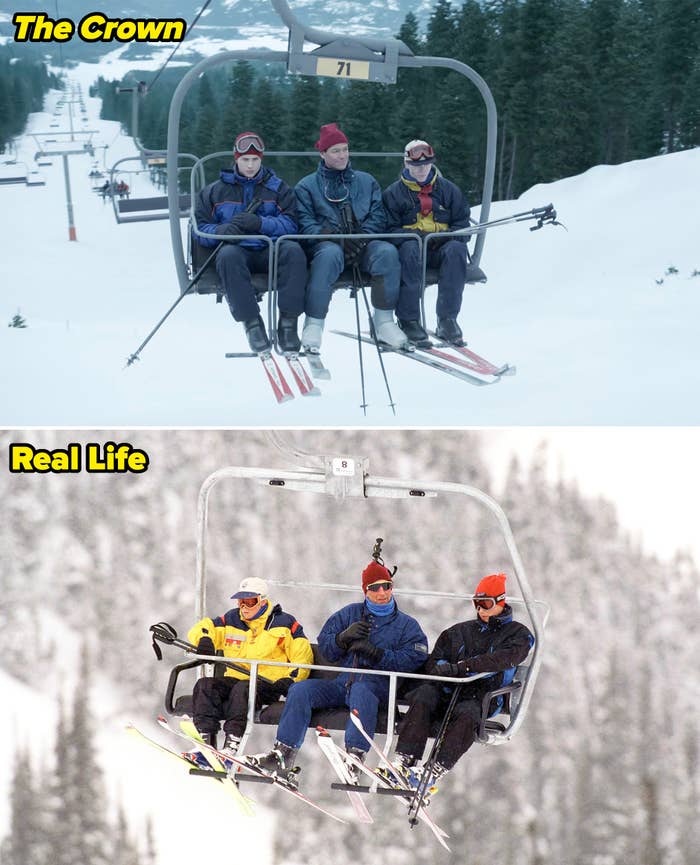 Side-by-side of The Royal Family on a ski trip in &quot;The Crown&quot; vs. real life