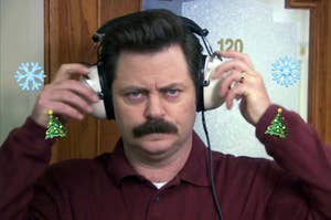 Ron Swanson wearing headphones. Around his head float snowflake and christmas tree emoji.