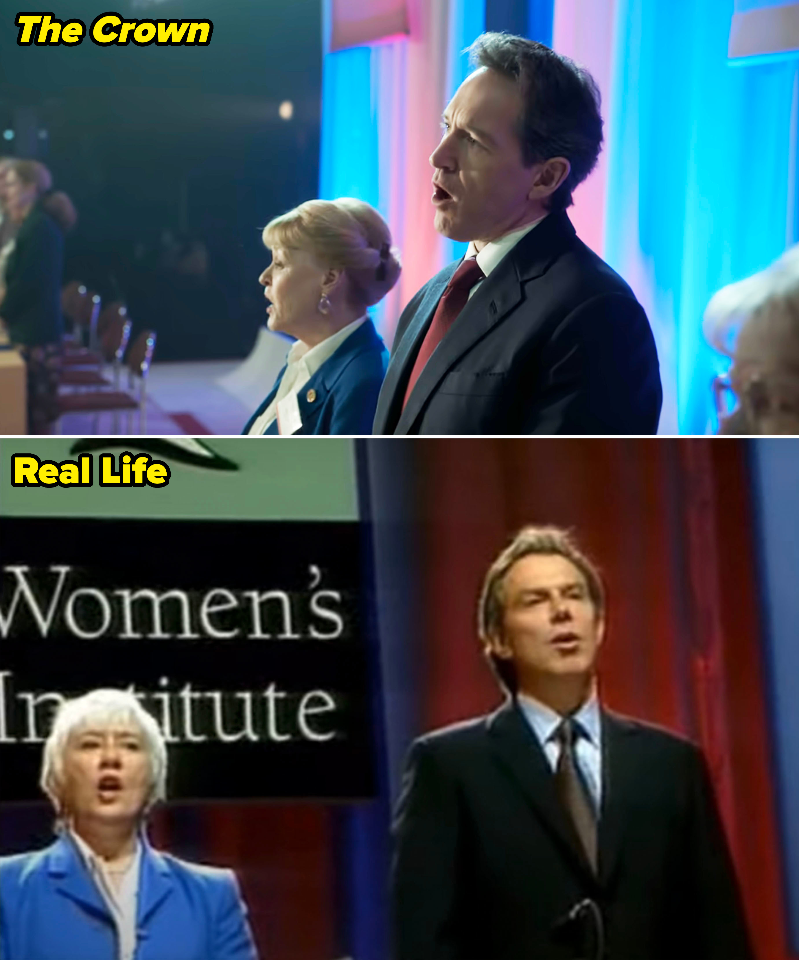 Side-by-sides of real life vs. &quot;The Crown&quot; of Tony Blair giving a talk