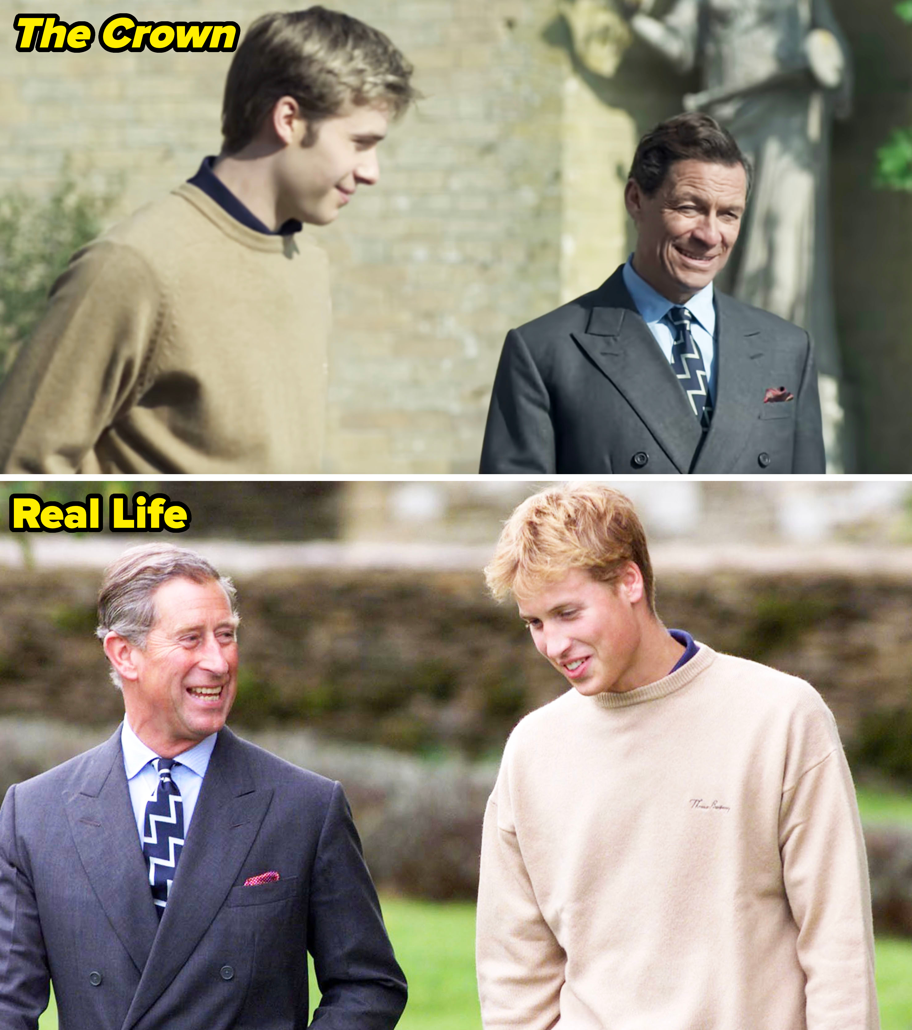 Side-by-side photos of Princes William and Charles in &quot;The Crown&quot; and real life
