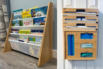 L: a reviewer photo of a tiered children's book rack. R: a reviewer photo of a plastic bag organizer mounted on a door 