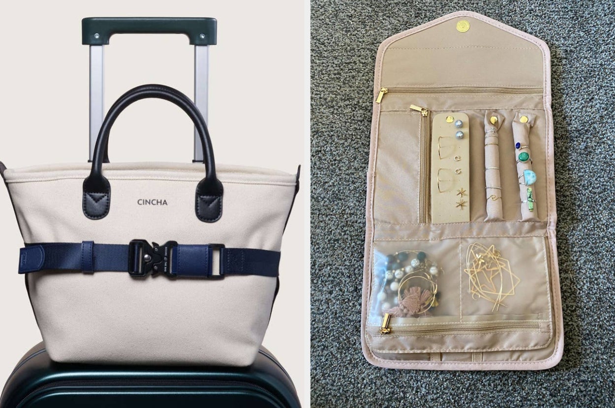 cincha belt holding bag and luggage together and pink jewelry organizer