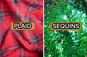 Fleece plaid fabric next to a separate image of sequins on a shirt