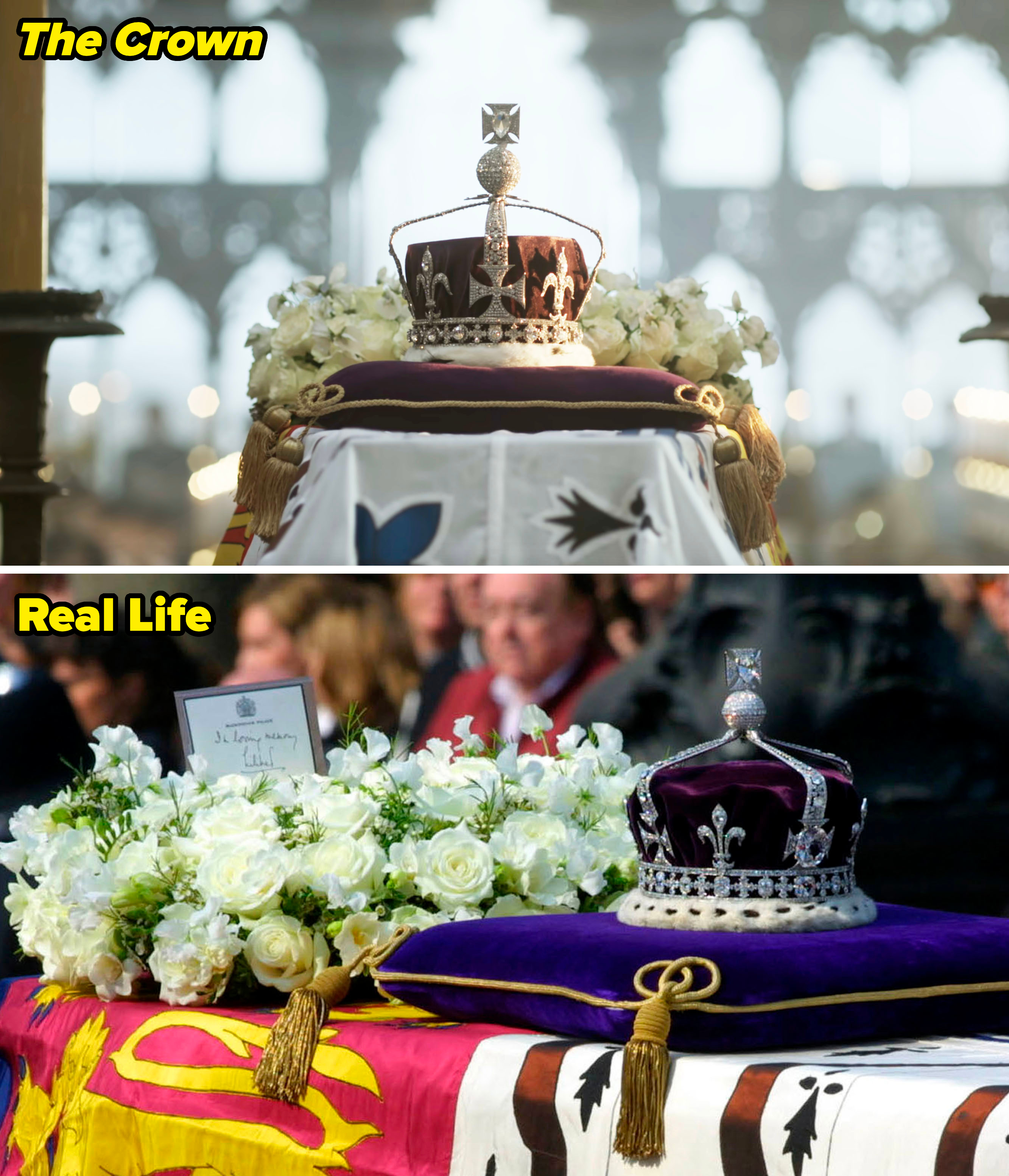 The Queen Mother&#x27;s casket in real life vs. &quot;The Crown&quot;