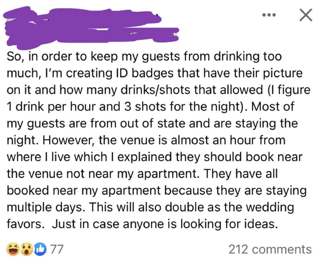 bride wanting to make ID cards for how much her guests can drink