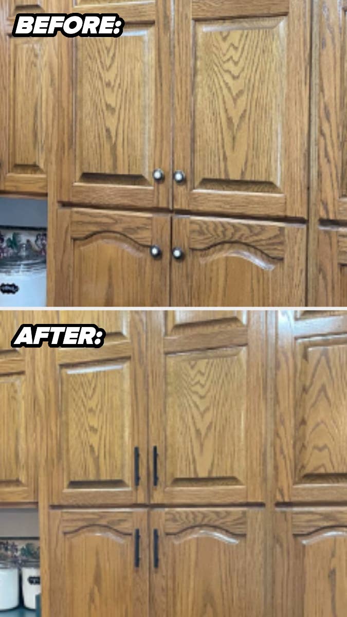 Before and after of outdated white pull knobs on cabinets and matte black modern ones