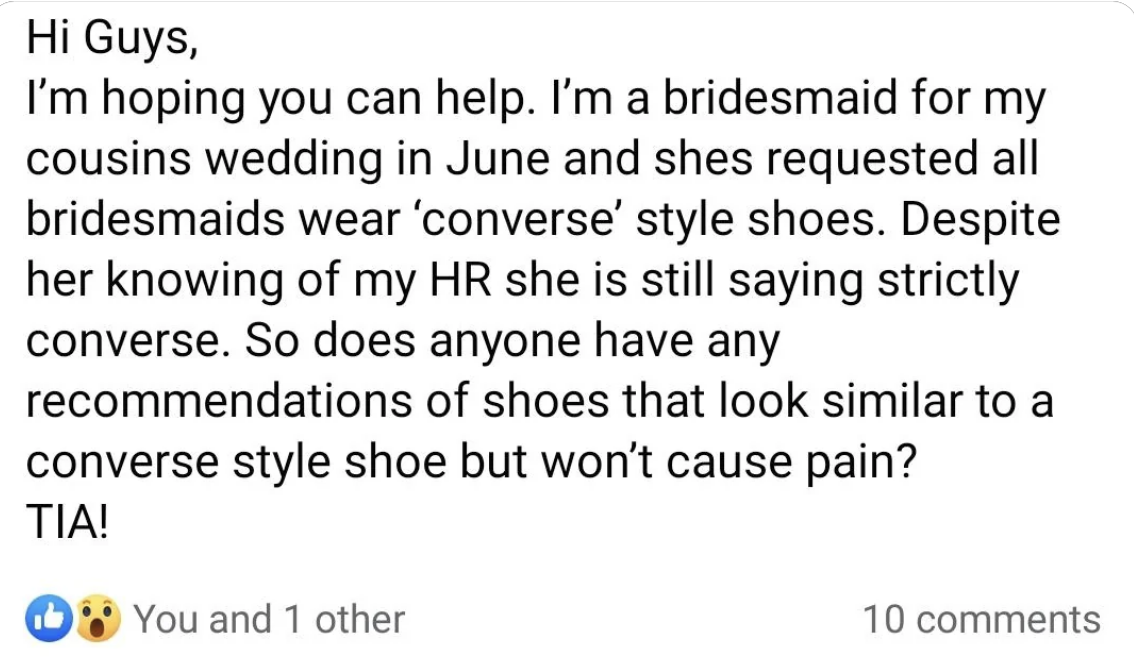 person asking if anyone knows a shoe that looks like converse that they&#x27;d be able to wear