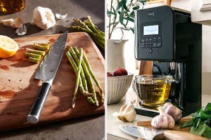 black-handled chef's knife; black Levo olive oil infuser