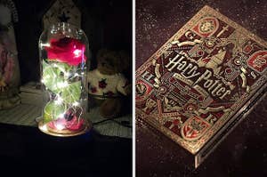 side by side photos of a rose in a glass with lights around it, and a deck of Harry Potter cards