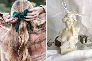side by side photos of a model putting a green velvet ribbon in their hair and a blackhead removing kit
