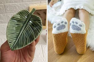 left: person holding the trinket dish; right: Bottom of socks with paw print