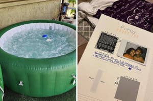 L: green inflatable hot tub R: the adventure challenge scratch-off book of date ideas
