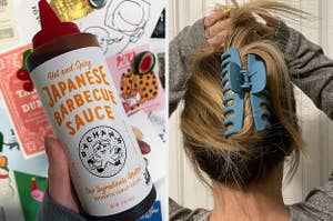 left: bottle of Japanese bbq sauce; right: a reviewer with their hair in a big blue clip