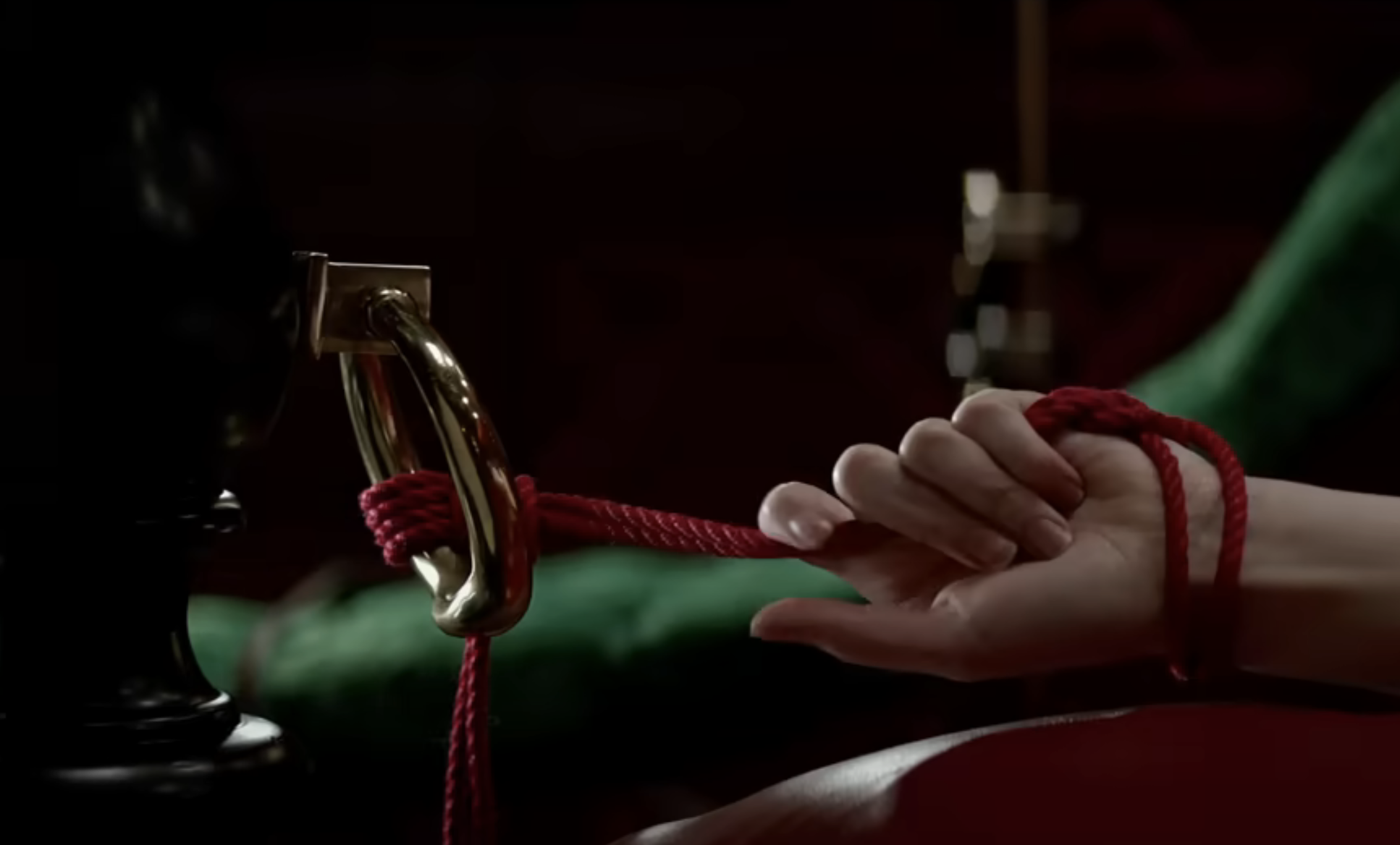 A closeup of someone&#x27;s hands tied with rope  from &quot;Fifty Shades of Grey&quot;