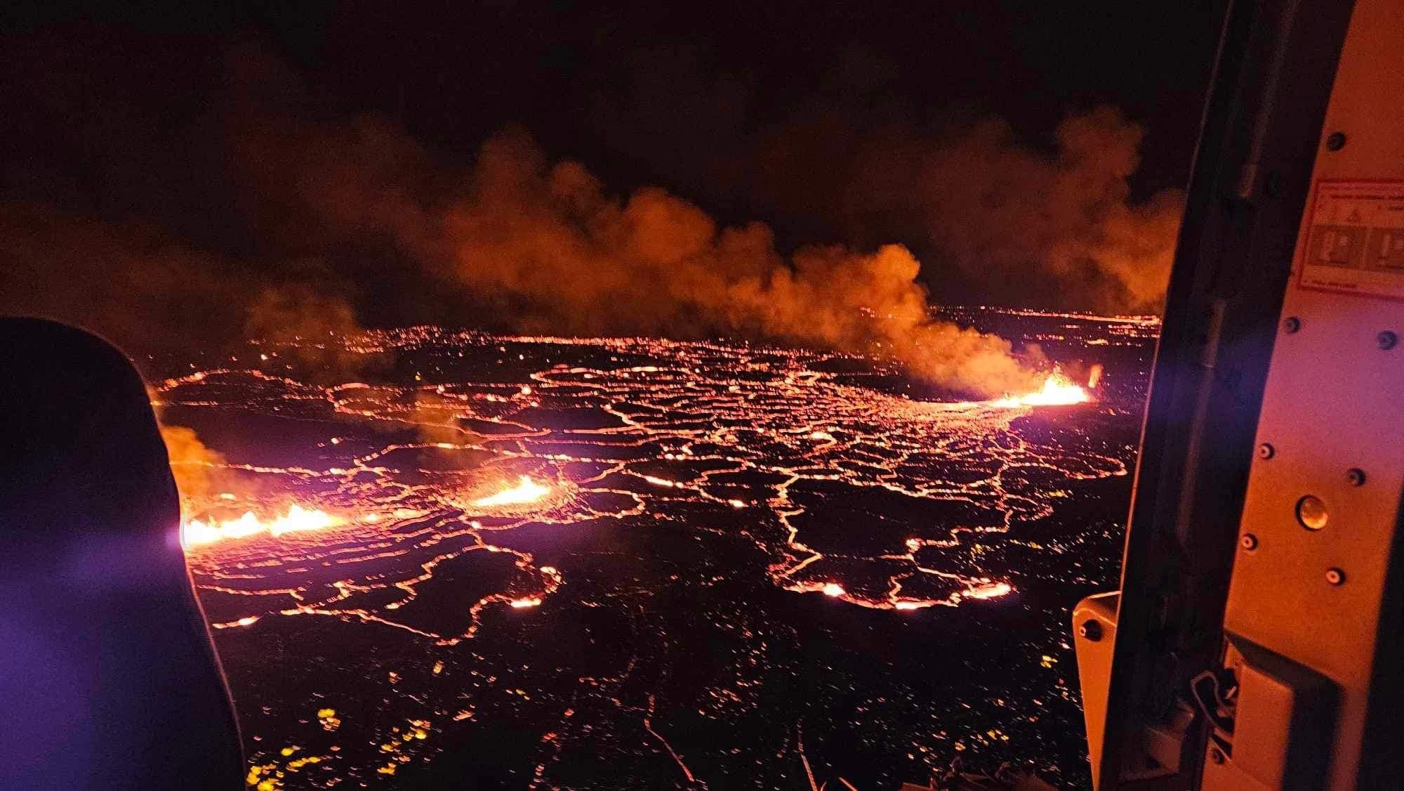 Aerial view of the smoke and lava
