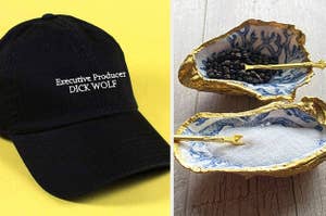 a hat with text "executive producer dick wolf" / an oyster salt and pepper dish set