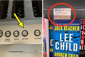 toaster with "a bit more" button and library saying you can return book for 50% off