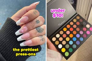 a reviewer showing off a set of press-on nails and another reviewer holding an eyeshadow palette