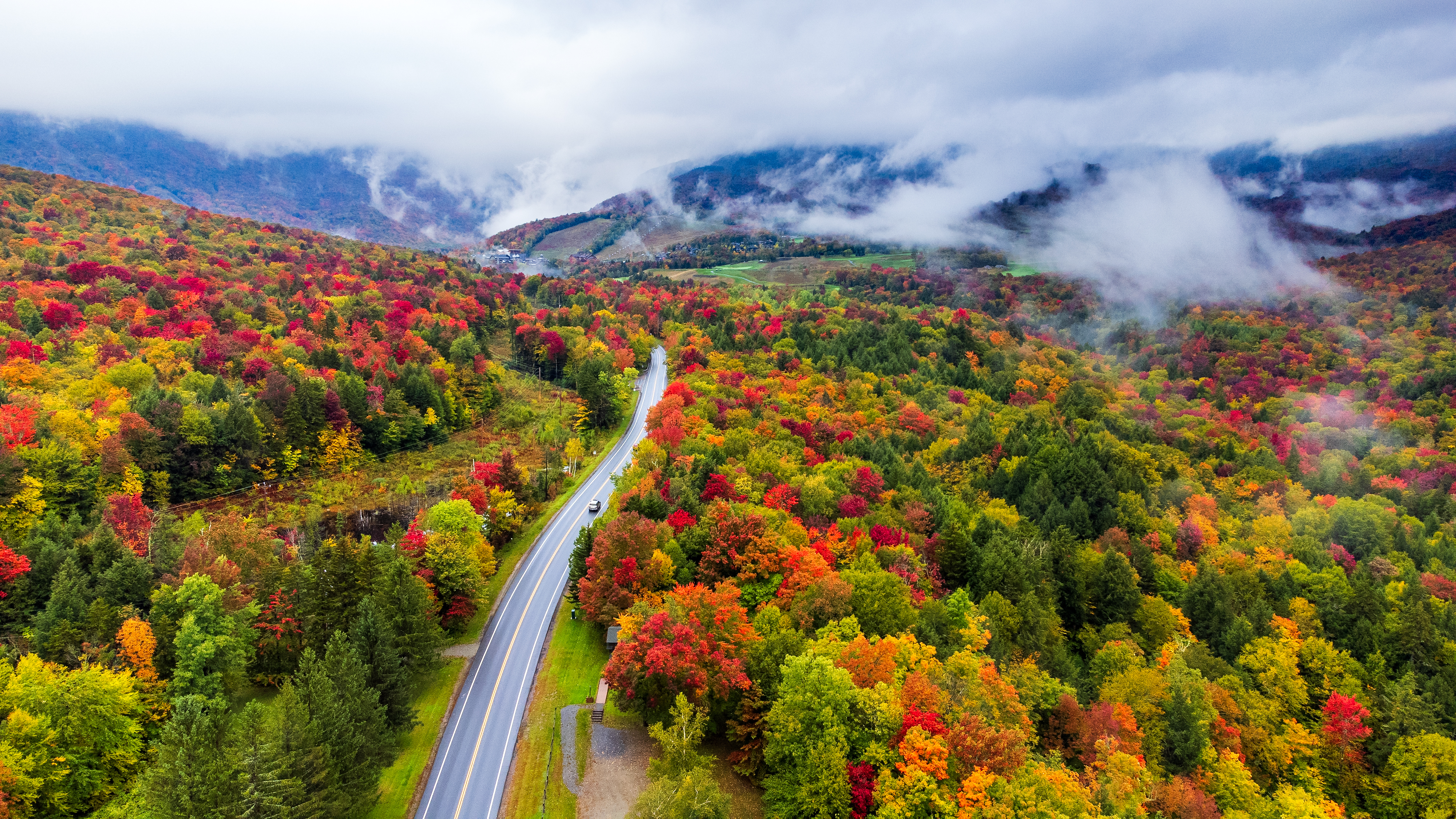 Aerial view of road amidst trees during autumn in Vermont