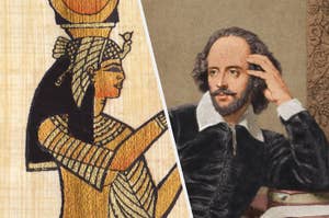 A woman on an Egyptian papyrus scroll and a painting of William Shakespeare. 