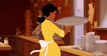 animated woman holds a serving tray and salutes.