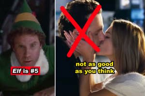 Side-by-sides of Buddy riding the sleigh in "Elf" and Mark and Juliet kissing in "Love Actually"