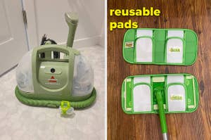 reviewer's green portable cleaner / a reviewer showing the top of the pad attached to a Swiffer "reusable pads"