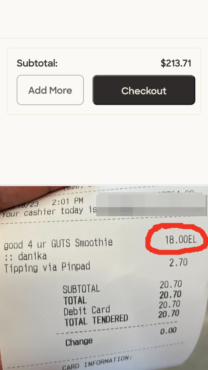 There&#x27;s a screenshot of how much all the ingredients cost in addition to a receipt saying the smoothie is $18