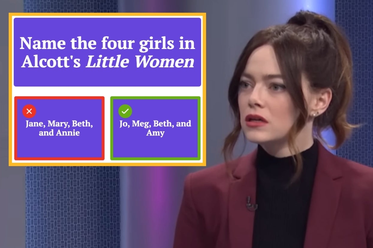 Emma Stone opening her mouth slightly, confused, next to a screenshot of the question name the four girls in Alcott&#x27;s Little Women with Jane, Mary, Beth, and Annie incorrectly selected as the answer